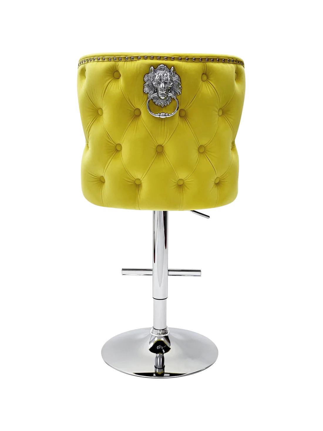 Valentino Mustard Lion Knocker Quilted Back Plush Velvet Chrome Bar Stool-Esme Furnishings