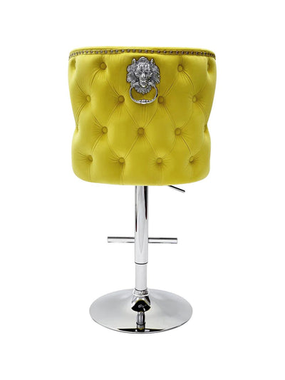 Valentino Mustard Lion Knocker Quilted Back Plush Velvet Chrome Bar Stool-Esme Furnishings