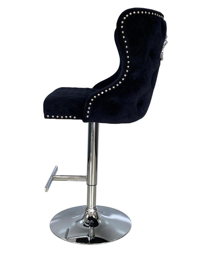 Valentino Black Lion Knocker Quilted Back Plush Velvet Chrome Bar Stool-Esme Furnishings