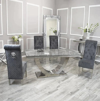 Arial 200cm Marble & Chrome Dining Table With Lucy Slim Quilted Lion Knocker Velvet Chairs
