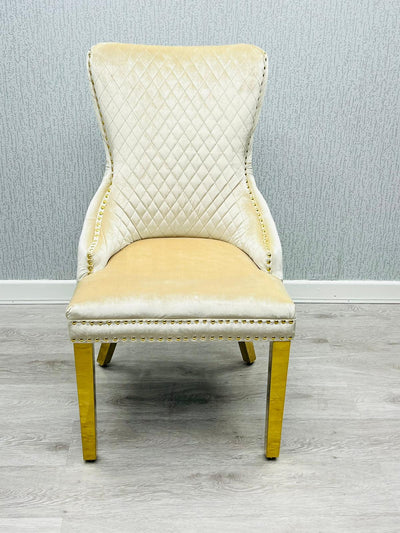 Victoria Gold Ring Knocker Quilted Tufted Plush Velvet Dining Chair Gold Legs - 2 Colours