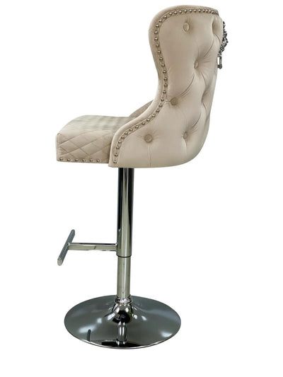 Valentino Mink Lion Knocker Quilted Back Plush Velvet Chrome Bar Stool-Esme Furnishings