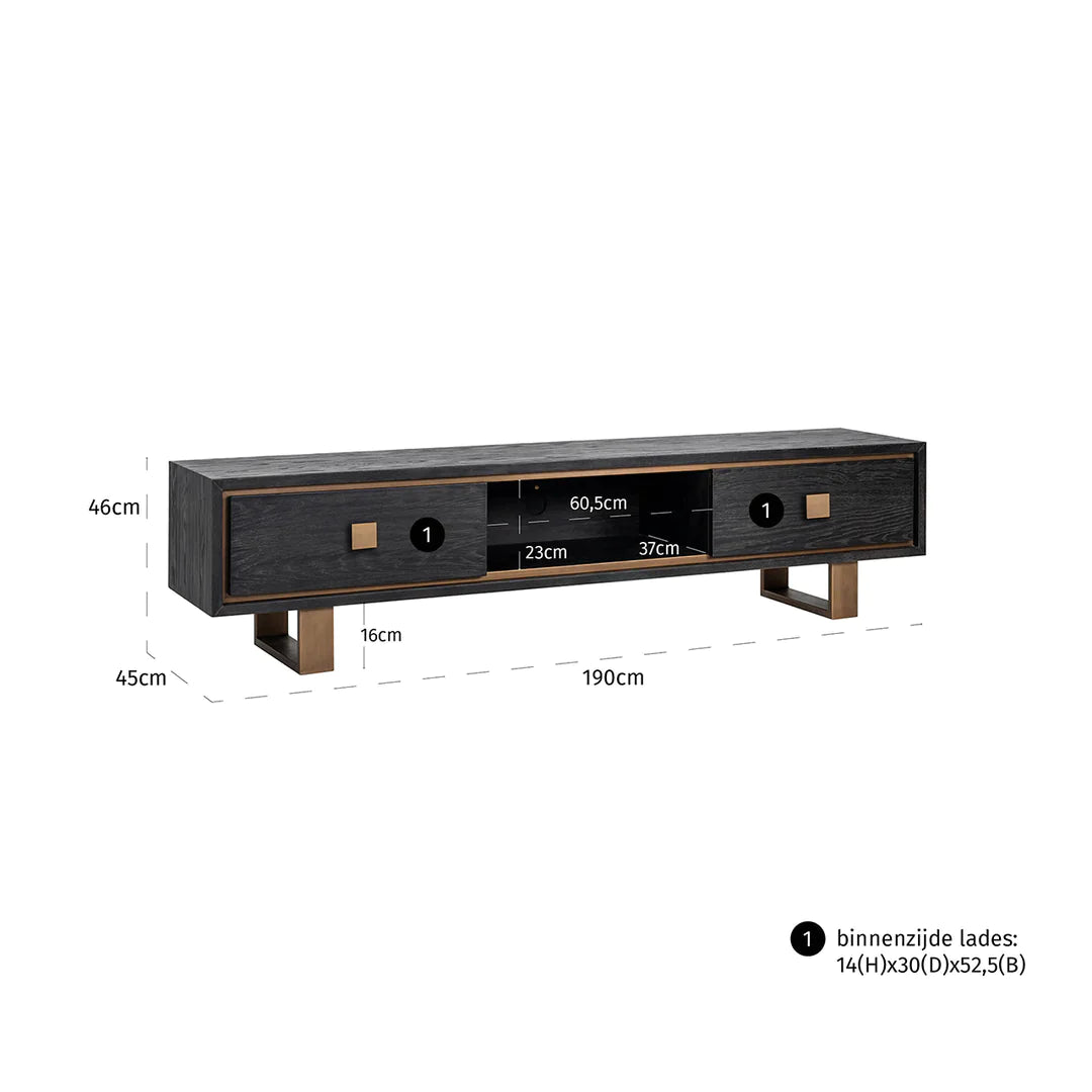 Richmond Interiors Hunter Black Oak and Gold 2 Drawer TV Unit