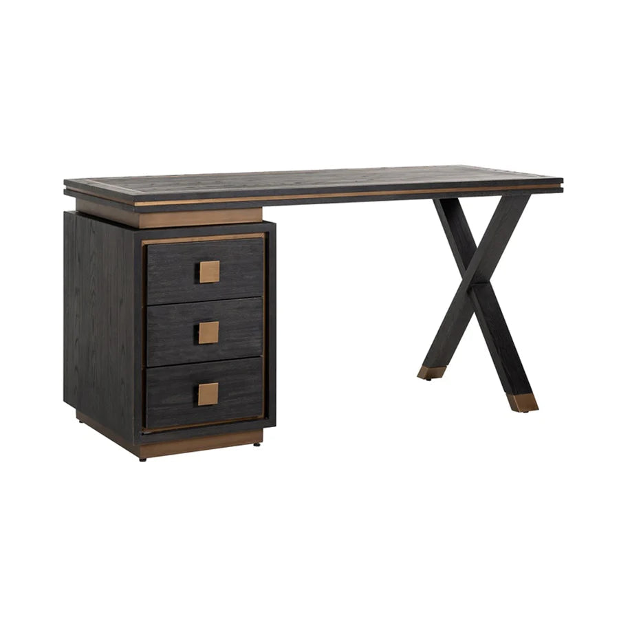 Hunter Black Oak and Gold 3 Drawer Desk-Belmont Interiors