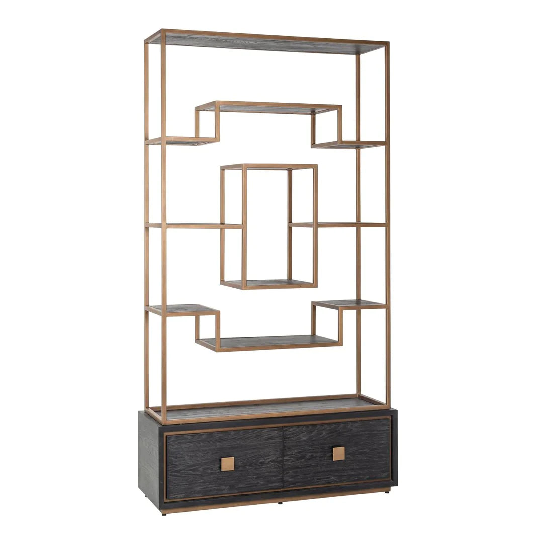 Richmond Interiors Hunter Black Oak and Gold 2 Drawer Display Unit