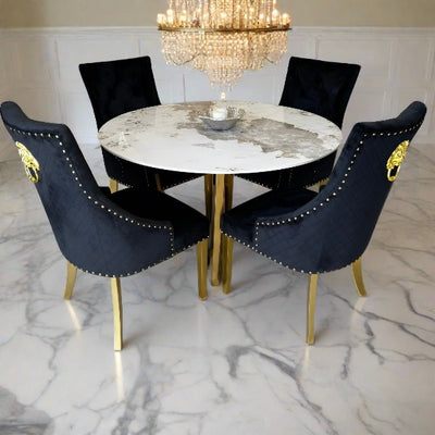 Lucien 120cm Round Gold Dining Table with Pandora Gold Sintered Stone Top + Gold Lion Knocker Dining Chairs-Esme Furnishings