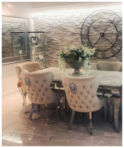 Louis 200cm Cream Marble Dining Table + Valente Lion Knocker Dining Chairs-Esme Furnishings