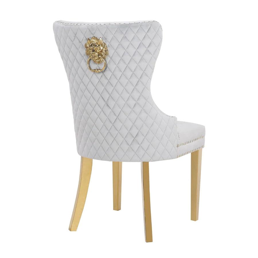 Belmont Light Grey Plush Velvet Gold Lion Knocker Quilted Back Dining Chairs With Gold Legs-Esme Furnishings