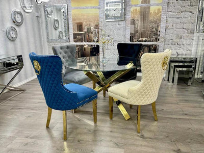 Belmont Light Grey Plush Velvet Gold Lion Knocker Quilted Back Dining Chairs With Gold Legs-Esme Furnishings