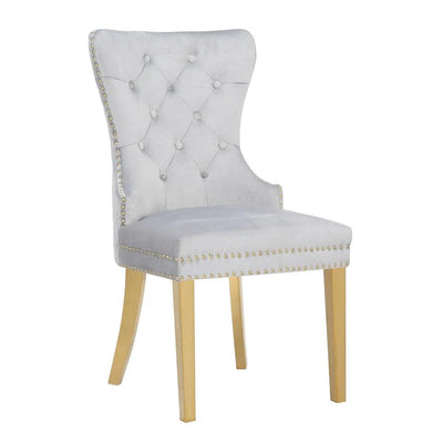 Belmont Light Grey Plush Velvet Gold Lion Knocker Quilted Back Dining Chairs With Gold Legs-Esme Furnishings