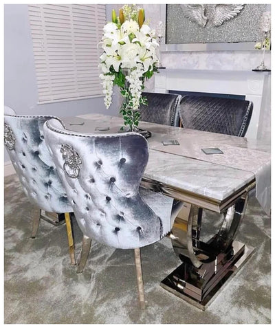 Arianna Grey Marble 180CM Dining Table + Valente Dark Grey Lion Velvet Chairs
