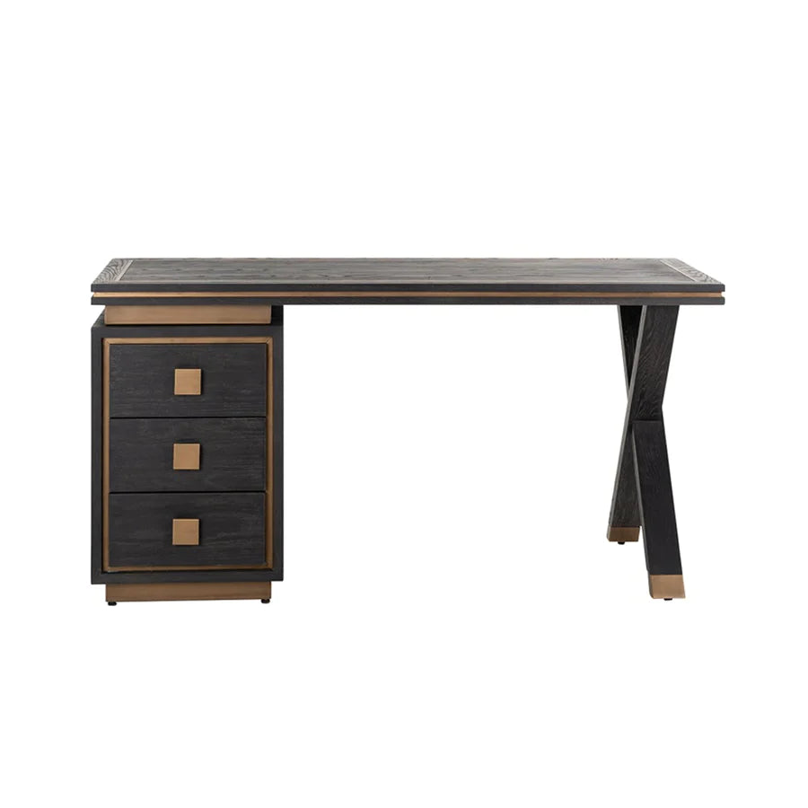 Hunter Black Oak and Gold 3 Drawer Desk-Belmont Interiors