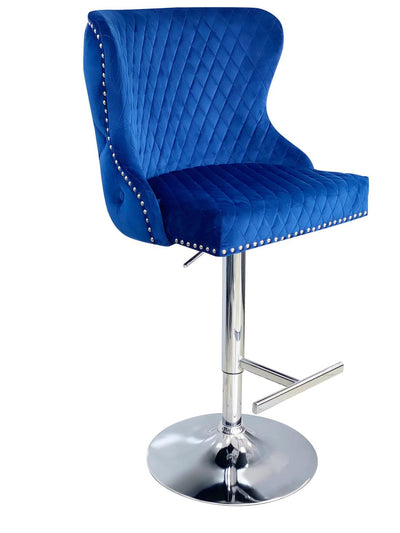 Valentino Navy Blue Lion Knocker Quilted Back Plush Velvet Chrome Bar Stool-Esme Furnishings