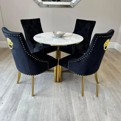 Juno 90cm Round Gold Dining Table with Polar White Sintered Stone Top + Gold Lion Knocker Dining Chairs-Esme Furnishings