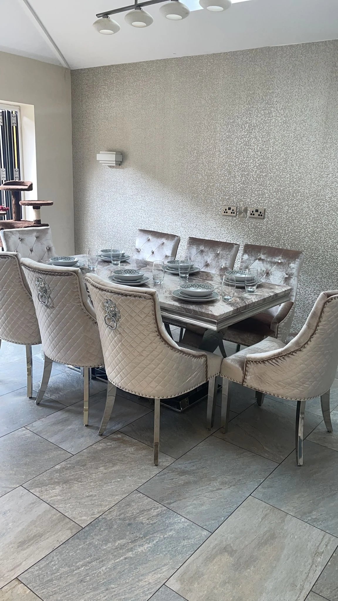 Arial Marble & Chrome Dining Table + Lion Knocker Velvet Chairs-Esme Furnishings