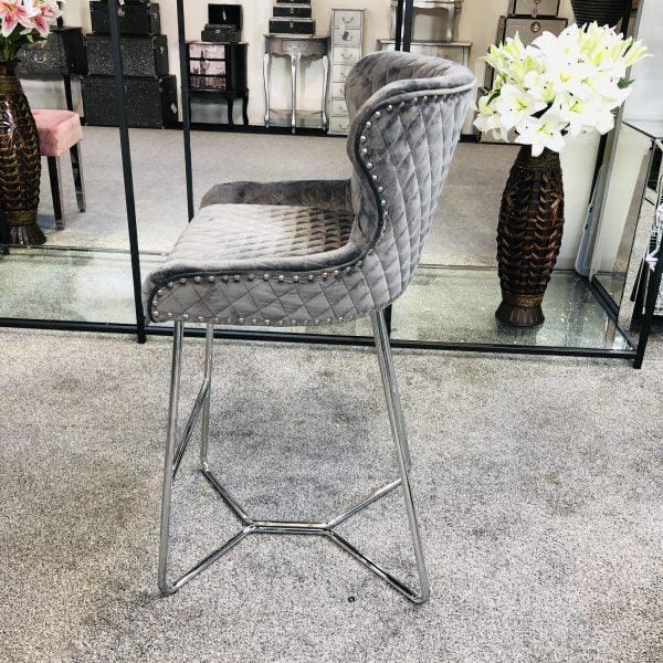 Osaka Grey Plush Velvet Quilted Back Bar Stool-Esme Furnishings