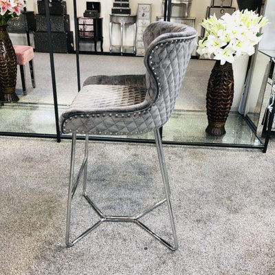 Osaka Grey Plush Velvet Quilted Back Bar Stool-Esme Furnishings
