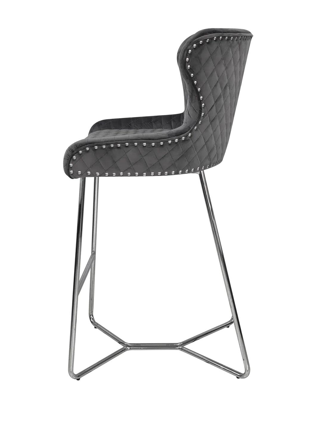 Osaka Grey Plush Velvet Quilted Back Bar Stool-Esme Furnishings
