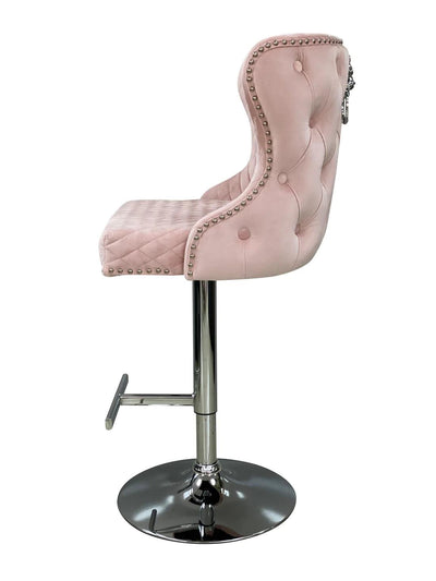 Valentino Pink Lion Knocker Quilted Back Plush Velvet Chrome Bar Stool-Esme Furnishings