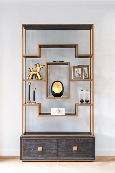 Richmond Interiors Hunter Black Oak and Gold 2 Drawer Display Unit