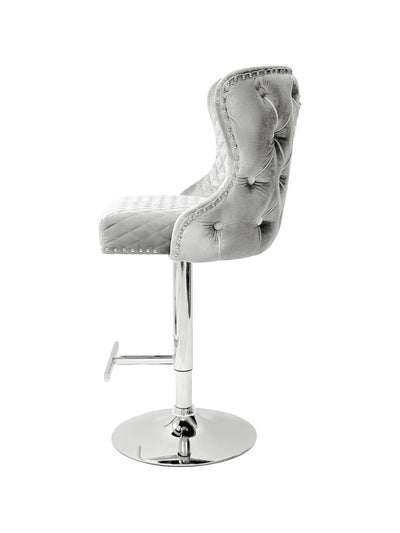 Valentino Pewter Shimmer Grey Lion Knocker Quilted Back Plush Velvet Chrome Bar Stool-Esme Furnishings