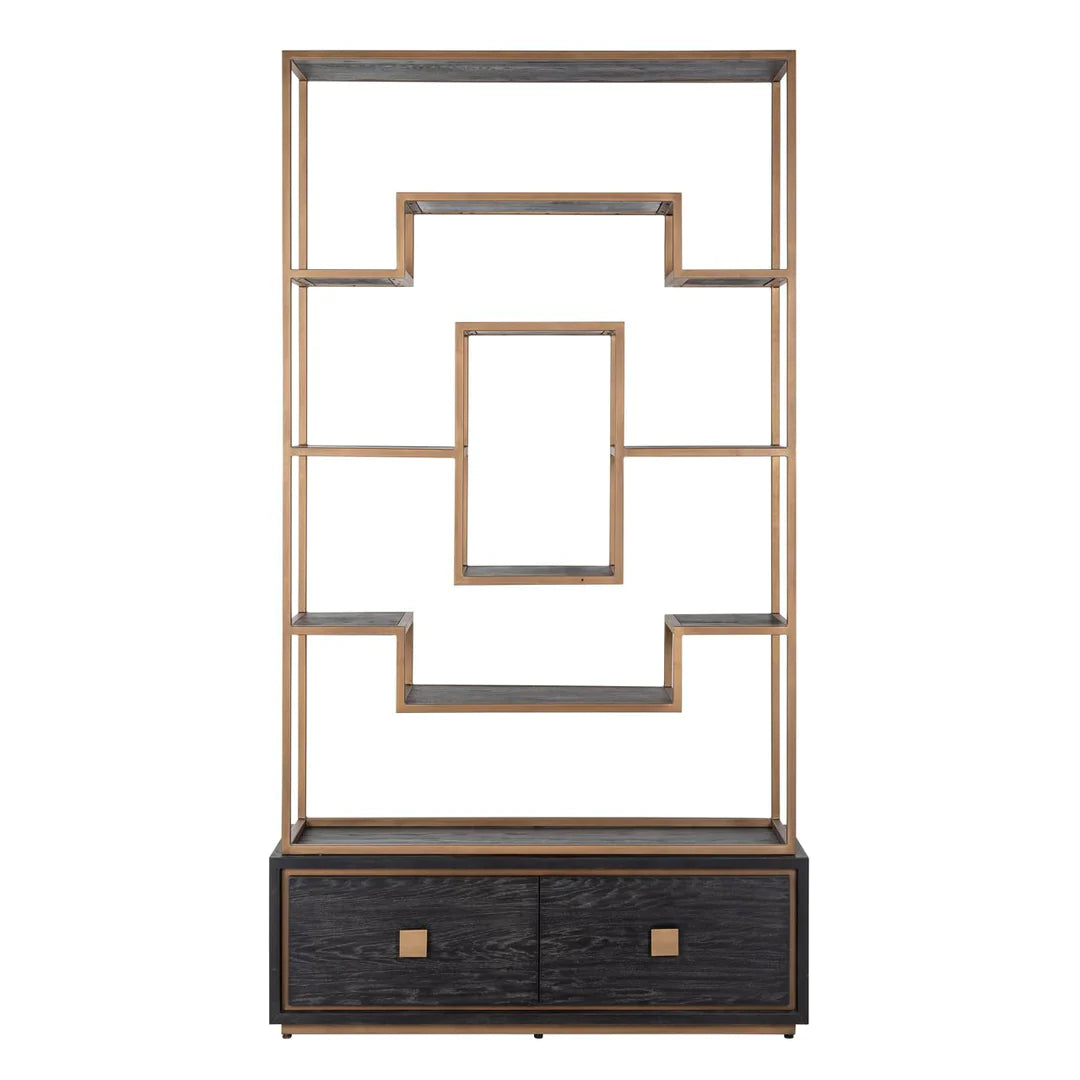 Richmond Interiors Hunter Black Oak and Gold 2 Drawer Display Unit