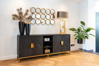 Richmond Interiors Blackbone Black Oak and Gold 4 Door Wide Sideboard