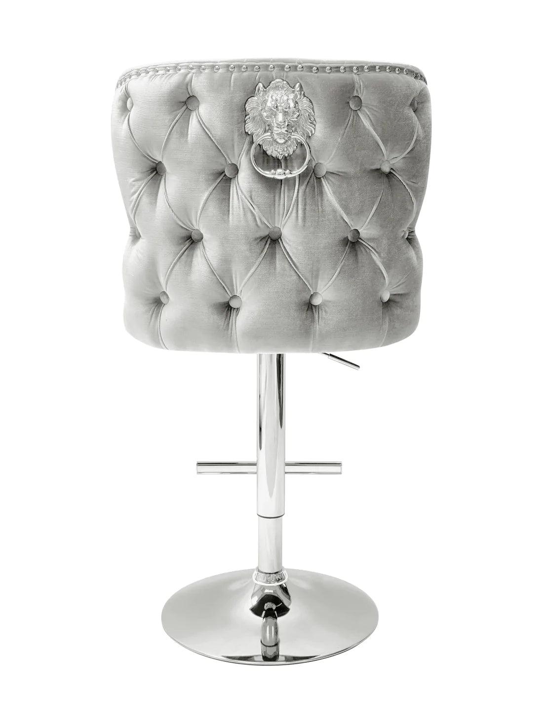 Valentino Pewter Shimmer Grey Lion Knocker Quilted Back Plush Velvet Chrome Bar Stool-Esme Furnishings