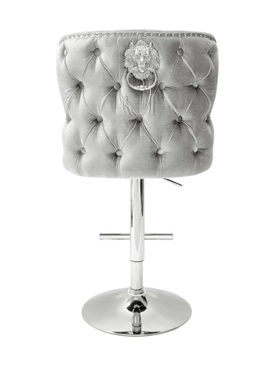 Valentino Pewter Shimmer Grey Lion Knocker Quilted Back Plush Velvet Chrome Bar Stool-Esme Furnishings