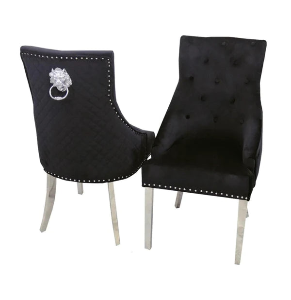 Arianna Marble & Chrome Dining Table With Quilted Lion Knocker Velvet Chairs