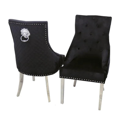 Arianna Marble & Chrome Dining Table With Quilted Lion Knocker Velvet Chairs