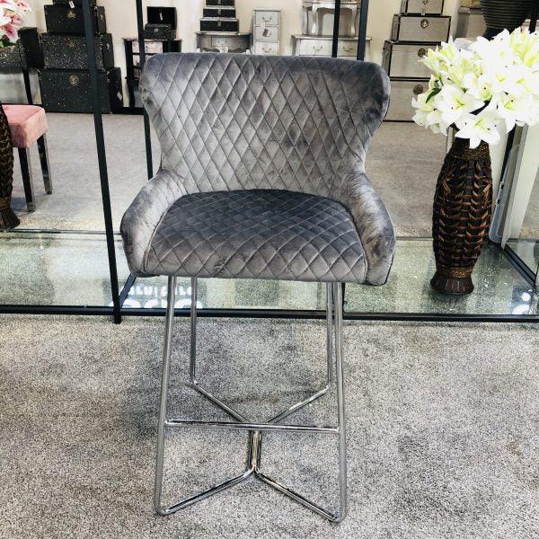 Osaka Grey Plush Velvet Quilted Back Bar Stool-Esme Furnishings