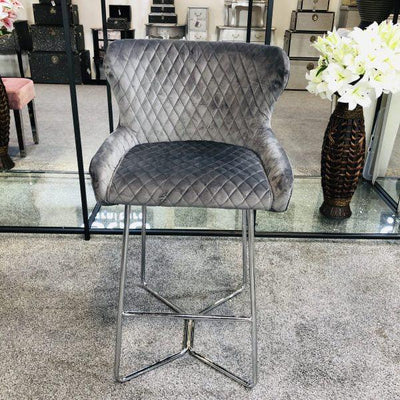 Osaka Grey Plush Velvet Quilted Back Bar Stool-Esme Furnishings