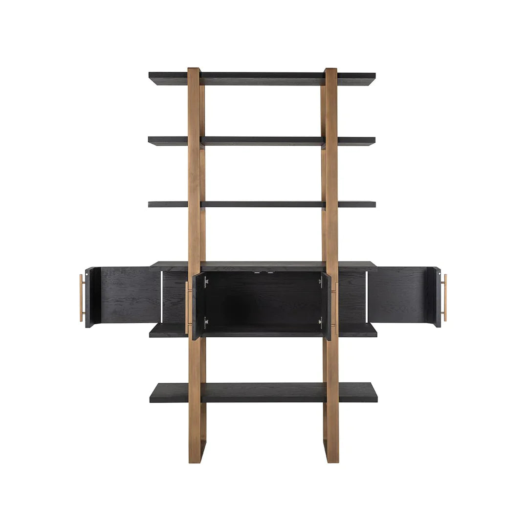 Richmond Interiors Cambon Gold Stainless Steel Bookcase with Dark Coffee 4 Door Cabinet
