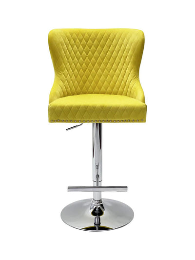 Valentino Mustard Lion Knocker Quilted Back Plush Velvet Chrome Bar Stool-Esme Furnishings