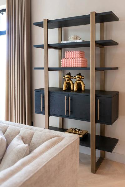 Richmond Interiors Cambon Gold Stainless Steel Bookcase with Dark Coffee 4 Door Cabinet