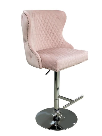 Valentino Pink Lion Knocker Quilted Back Plush Velvet Chrome Bar Stool-Esme Furnishings