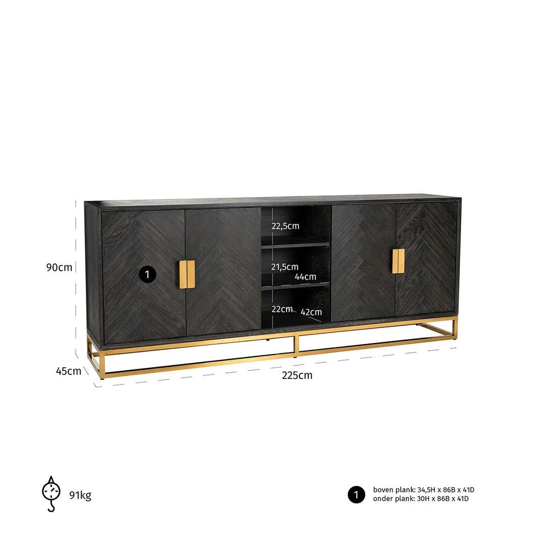 Richmond Interiors Blackbone Black Oak and Gold 4 Door Wide Sideboard