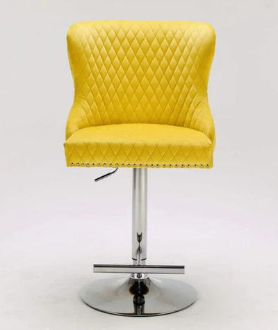 Valentino Mustard Lion Knocker Quilted Back Plush Velvet Chrome Bar Stool-Esme Furnishings