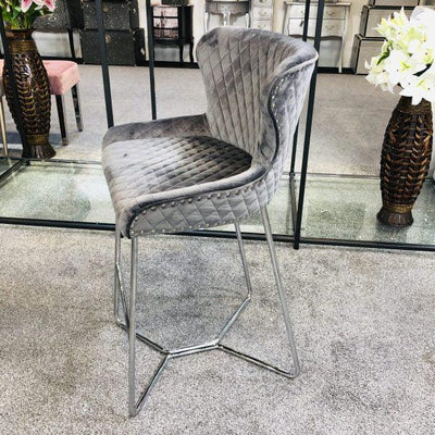 Osaka Grey Plush Velvet Quilted Back Bar Stool-Esme Furnishings