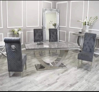 Arial 200cm Marble & Chrome Dining Table With Lucy Slim Quilted Lion Knocker Velvet Chairs