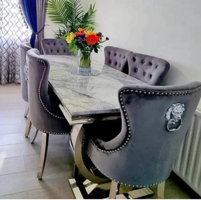 Arianna 200cm Cream Marble Dining Table + Lion Knocker Dining Chairs-Esme Furnishings