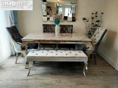 Louis 180cm White Marble Dining Table + 4 Silver Grey Velvet Knocker Chairs + 130cm Bench-Esme Furnishings