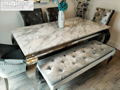 Louis 180cm White Marble Dining Table + 4 Silver Grey Velvet Knocker Chairs + 130cm Bench-Esme Furnishings