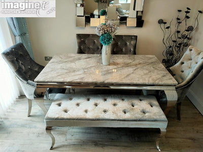 Louis 180cm White Marble Dining Table + 4 Silver Grey Velvet Knocker Chairs + 130cm Bench-Esme Furnishings