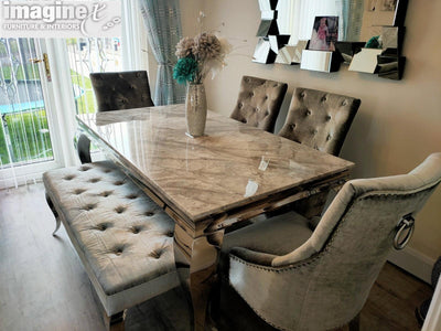 Louis 180cm White Marble Dining Table + 4 Silver Grey Velvet Knocker Chairs + 130cm Bench-Esme Furnishings