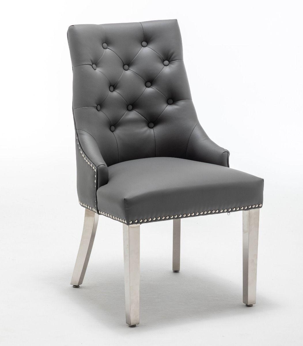 Knightsbridge Grey PU Dining Chair Faux Leather Chrome Ring Knocker-Esme Furnishings