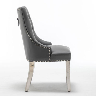 Knightsbridge Grey PU Dining Chair Faux Leather Chrome Ring Knocker-Esme Furnishings
