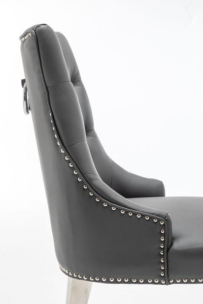Knightsbridge Grey PU Dining Chair Faux Leather Chrome Ring Knocker-Esme Furnishings