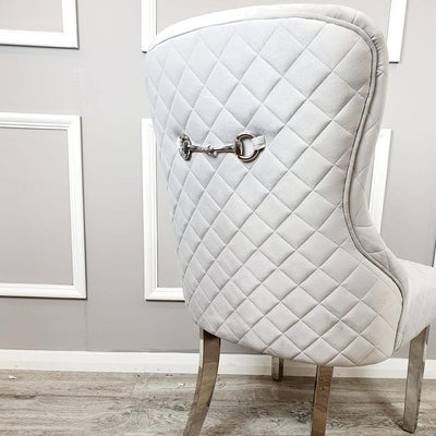 Kate Light Grey French Plush Velvet Quilted Back Dining Chair With Chrome Clasp-Esme Furnishings